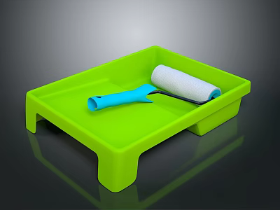 Green Paint Tray With Roller And Blue Handle Scraper For Home Painting 3d model