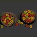 Burlap Sacks Filled With Fresh Red And Yellow Fruits Scattered Beside