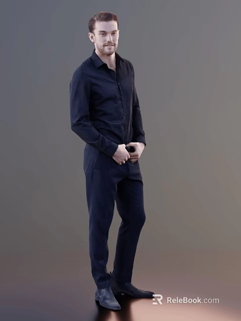 A Man In Navy Blue Shirt And Pants With Hands On Abdomen In Gray Background 3d model 