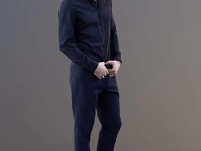 A Man In Navy Blue Shirt And Pants With Hands On Abdomen In Gray Background 3d model