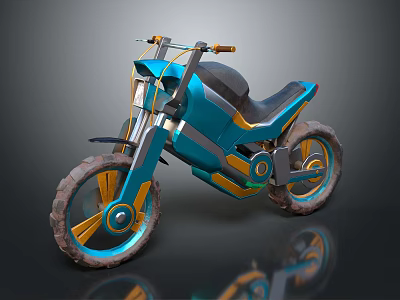 Futuristic Teal And Yellow Motorcycle With Black Seat Large Wheels And Modern Design 3d model