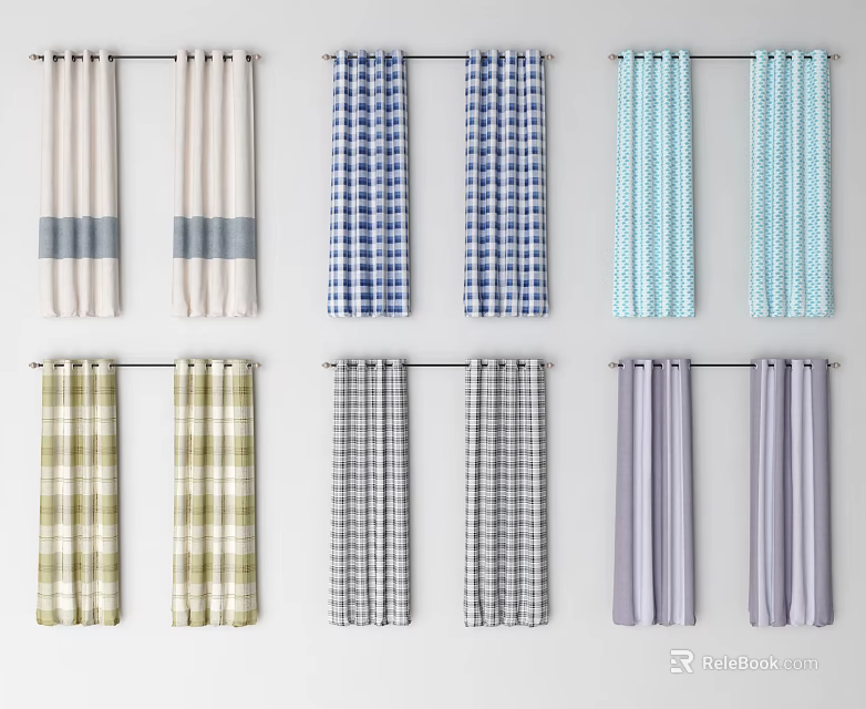 Various Colored Patterned Window Curtains For Home Decor And Interior Design 3d model 