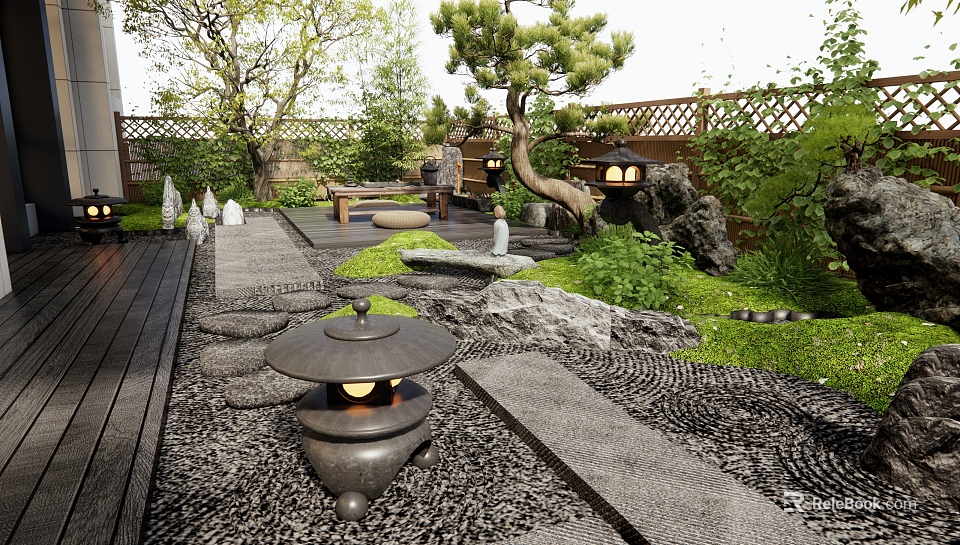 Japanese Courtyard Garden With Stone Lantern Dry Landscape Pine Tree Green Plants And Wooden Deck 3d model 