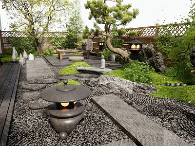 Japanese Courtyard Garden With Stone Lantern Dry Landscape Pine Tree Green Plants And Wooden Deck 3d model