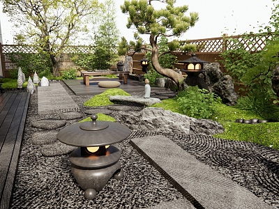 New Chinese Zen Villa Courtyard Landscape Dry Landscape Landscaping Stone Tingbu Plant Pile Tea Table 3d model