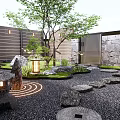 Japanese Courtyard Garden With Stone Path Black Gravel Wooden Fence Stone Lantern And Green Plants