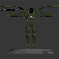 Green Robot Character With Multiple Mechanical Arms Standing on Silver Circular Base 3d model