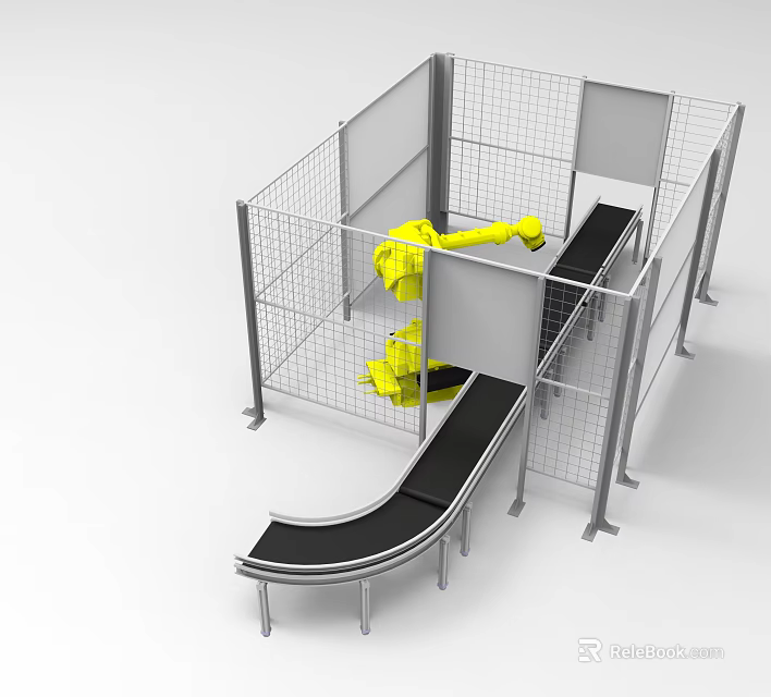 Advanced Industrial Equipment With Yellow Robot Metal Enclosure And Conveyor Belt 3d model 