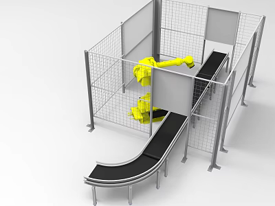 Advanced Industrial Equipment With Yellow Robot Metal Enclosure And Conveyor Belt 3d model