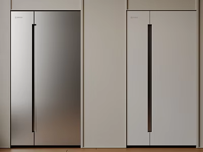 Sleek Modern Kitchen Interior Refrigerator Freezer Side by Side Stainless Steel White Design 3d model