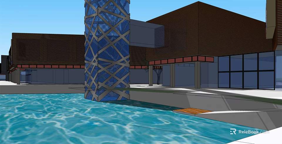 Modern Commercial Street With Blue Glass Tower And Water Pool Area 3d model 