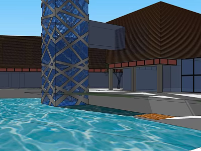 Modern Commercial Street With Blue Glass Tower And Water Pool Area 3d model