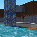 Modern Commercial Street With Blue Glass Tower And Water Pool Area