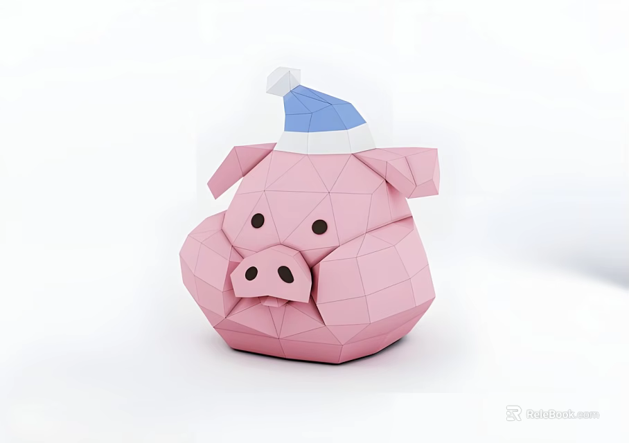 Pink Polygonal Pig Carving Sculpture with Blue and White Santa Hat Geometric Design 3d model 
