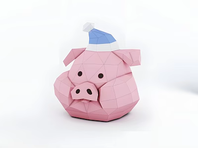 Pink Polygonal Pig Carving Sculpture with Blue and White Santa Hat Geometric Design 3d model