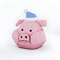 Pink Polygonal Pig Carving Sculpture with Blue and White Santa Hat Geometric Design