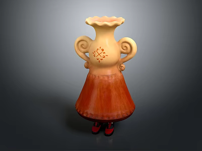 Unique Decorative Vase With Curved Handles Orange Red Body And Red Patterns 3d model