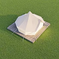 Beige Pointed Top Tent On Wooden Platform With Green Grassland Blue Sky White Clouds