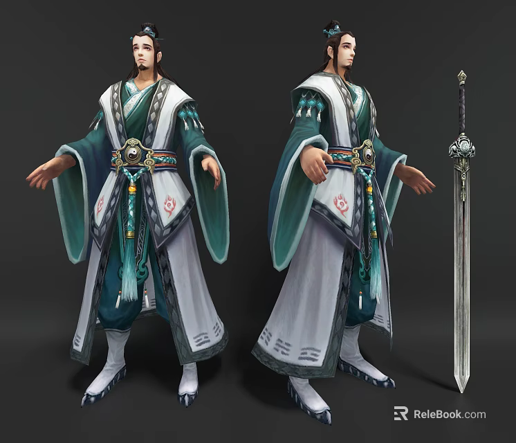 Game and Movie Character in Traditional Green White Robe with Ornate Belt and Ancient Sword 3d model 