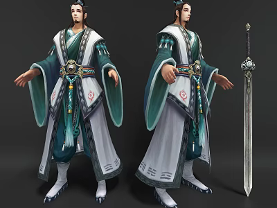 Game and Movie Character in Traditional Green White Robe with Ornate Belt and Ancient Sword 3d model