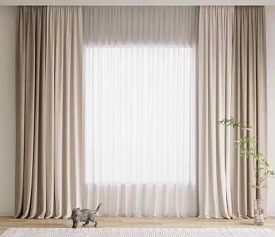 Beige Curtains With Sheer Panels For Window In Modern Interior With Green Plant 3d model