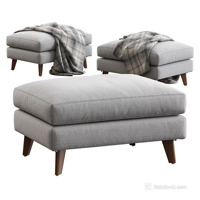 Comfortable Gray Upholstered Ottoman with Wooden Legs and Plaid Blanket 3d model 