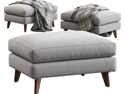 Comfortable Gray Upholstered Ottoman with Wooden Legs and Plaid Blanket 3d model