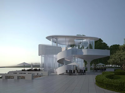 Modern Waterfront Library Building With Spiral Staircase Glass Curtain Walls Outdoor Seating and Greenery 3d model
