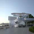 Modern Waterfront Library Building With Spiral Staircase Glass Curtain Walls Outdoor Seating and Greenery