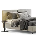 Modern Double Bed With Upholstered Headboard Soft Pillows Throw Blanket And Side Nightstand 3d model