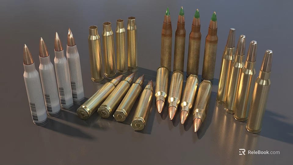 Different Types of Weapon Bullets in Gold White and Green Tip Varieties Displayed 3d model 