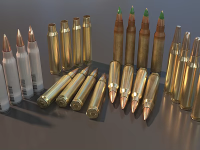 Different Types of Weapon Bullets in Gold White and Green Tip Varieties Displayed 3d model