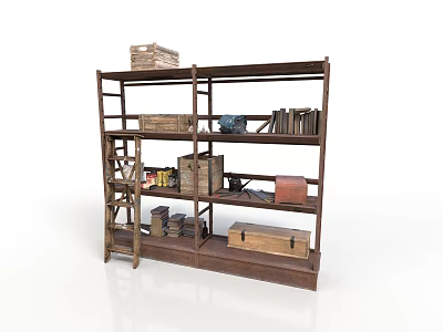 Vintage Industrial Style Wooden Shelf With Baskets Books Cans And Boxes On Multiple Layers 3d model