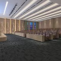 Spacious Conference Room With Rows of Seats Large Projection Screen Wooden Walls and Modern Lighting