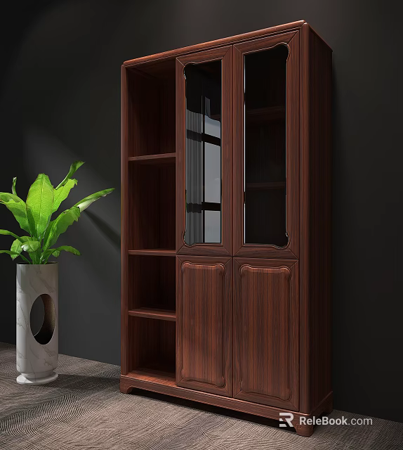 Dark Wood Bookcase With Glass Front Doors And Multiple Shelves By Green Plant 3d model 