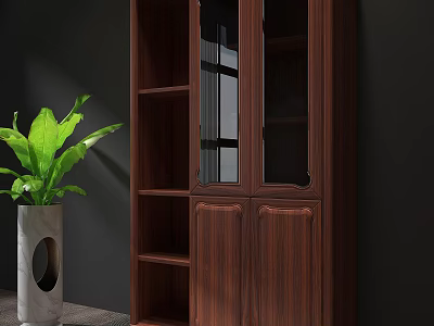 Dark Wood Bookcase With Glass Front Doors And Multiple Shelves By Green Plant 3d model