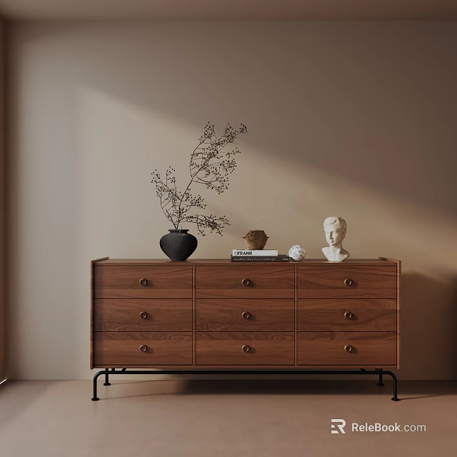 Wooden Entryway Cabinet Sideboard With Decorative Vase Statue Books And Warm Lighting 3d model 