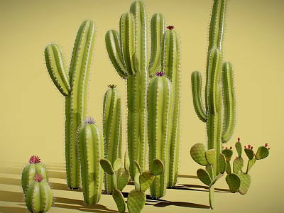 Various Cacti Plants Including Tall Columnar And Small Round Types With Pink Flowers 3d model