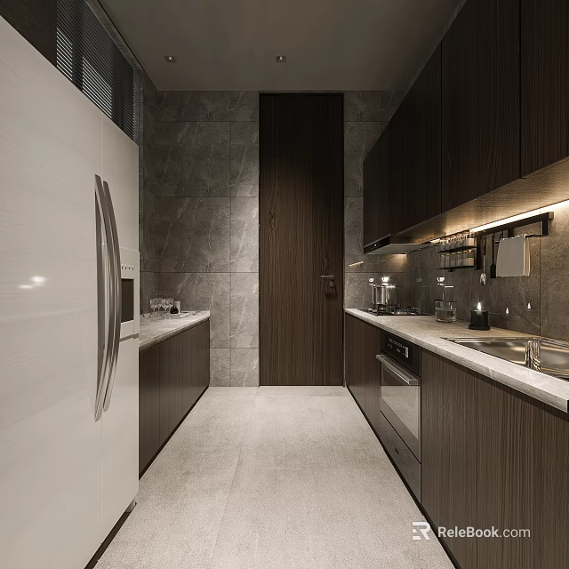 Modern Kitchen Interior With Dark Cabinets Light Countertop And Stainless Steel Appliances 3d model 