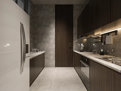 Modern Kitchen Interior With Dark Cabinets Light Countertop And Stainless Steel Appliances 3d model
