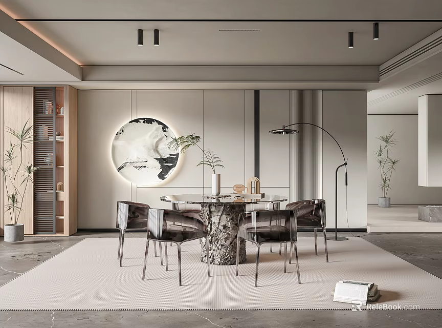 Modern Elegant Dining Room Interior With Marble Dining Table Round Decorative Artwork And Leather Chairs 3d model 