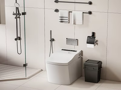 Smart White Ceramic Toilet In Modern Bathroom With Glass Shower Hanging Towels Black Trash Bin 3d model