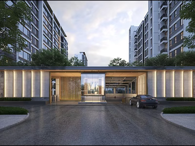 Modern Entrance Gate Design With Stone Facade Glass Panel And High Rise Residential Buildings 3d model