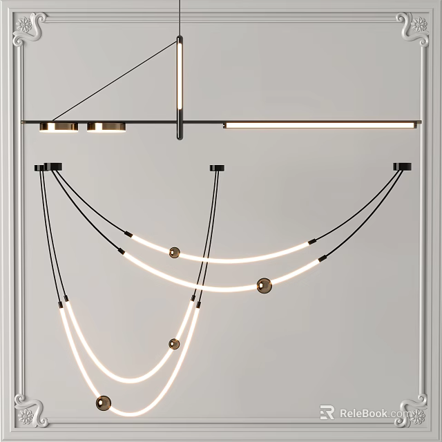 Contemporary Chandelier with Sleek Curved Light Tubes and Black Hanging Chains 3d model 