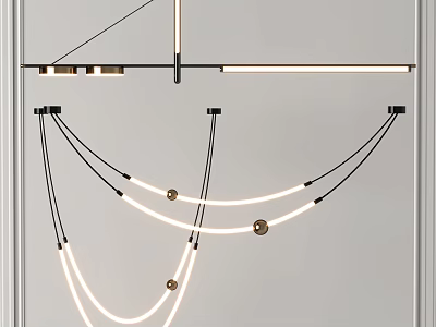 Contemporary Chandelier with Sleek Curved Light Tubes and Black Hanging Chains 3d model