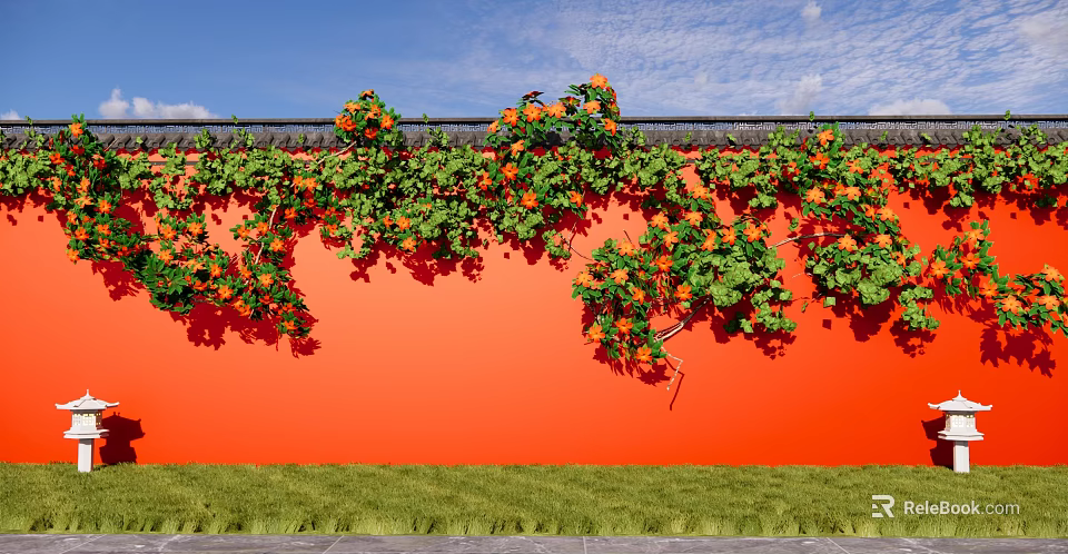 Vibrant Orange Building Exterior Wall With Green Vines Orange Flowers Blue Sky And Grass 3d model 