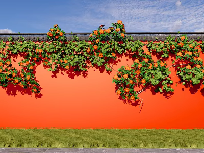 Vibrant Orange Building Exterior Wall With Green Vines Orange Flowers Blue Sky And Grass 3d model