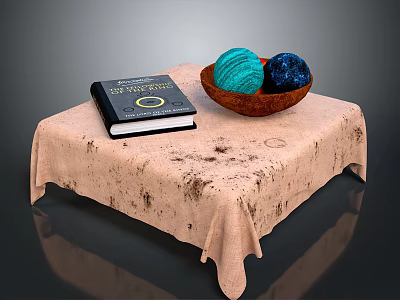 Beige Spotted Tablecloth Coffee Table With Black Book Wooden Bowl And Teal Navy Yarn Balls 3d model