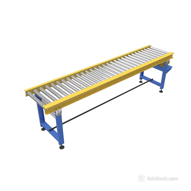 Industrial Roller Conveyor Equipment with Yellow Frame and Blue Stands for Material Handling 3d model 