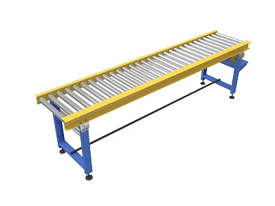 Industrial Roller Conveyor Equipment with Yellow Frame and Blue Stands for Material Handling 3d model